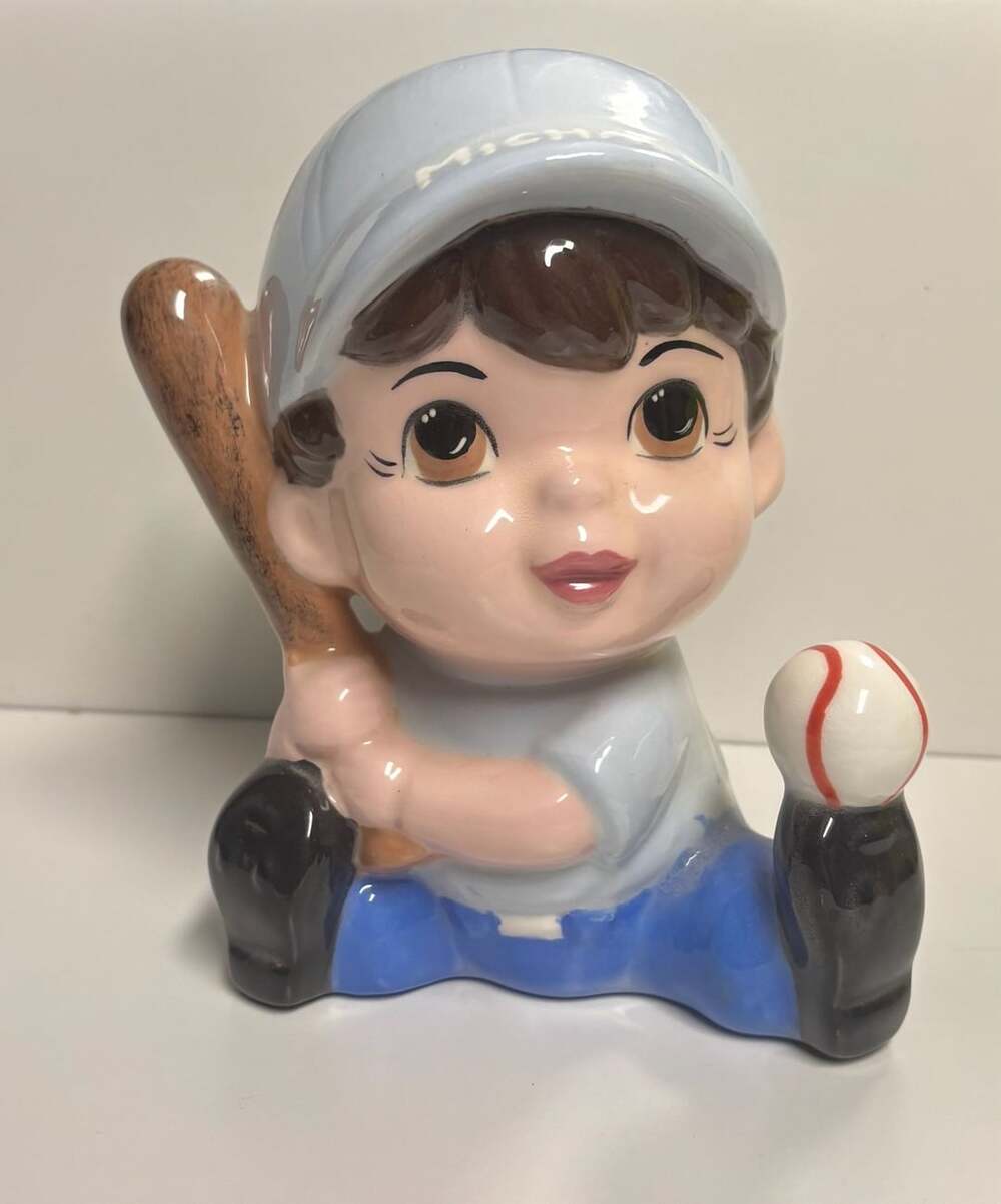 Vintage Ceramic Little Boy Baseball Player Figurine Planter Bank with Name Micha